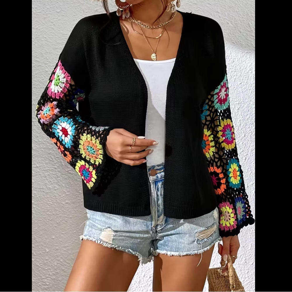 Colorful Crochet Sleeve Cardigan Sweater